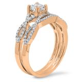 0.75 Carat (ctw) 18K Rose Gold Princess & Round Diamond Ladies Bridal Swirl Engagement Ring With Matching Band Set 3/4 CT