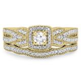 0.45 Carat (ctw) 14K Yellow Gold Round Cut Diamond Ladies Bridal Halo Engagement Ring With Matching Band Set 1/2 CT