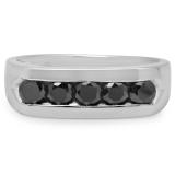 1.00 Carat (ctw) Sterling Silver Real Round Black Diamond Men's Channel Set 5 Stone Anniversary Wedding Band 1 CT