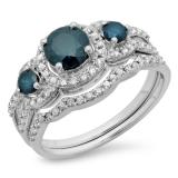 1.40 Carat (ctw) 10K White Gold Round Blue & White Diamond Ladies 3 Stone Halo Bridal Engagement Ring With Matching Band Set
