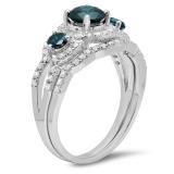 1.40 Carat (ctw) 10K White Gold Round Blue & White Diamond Ladies 3 Stone Halo Bridal Engagement Ring With Matching Band Set