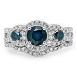 1.40 Carat (ctw) 10K White Gold Round Blue & White Diamond Ladies 3 Stone Halo Bridal Engagement Ring With Matching Band Set