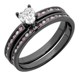 2.00 Carat (ctw) Black Rhodium Plated Sterling Silver Heart Cut White & Round Pink Sapphire Cubic Zirconia Ladies Bridal Engagement Ring With Matching Band Set 2 CT