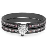 2.00 Carat (ctw) Black Rhodium Plated Sterling Silver Heart Cut White & Round Pink Sapphire Cubic Zirconia Ladies Bridal Engagement Ring With Matching Band Set 2 CT