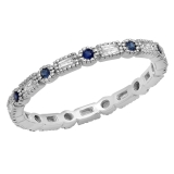 0.40 Carat (ctw) 18K White Gold Round & Baguette Blue Sapphire & White Diamond Ladies Vintage Style Anniversary Wedding Eternity Band Stackable Ring
