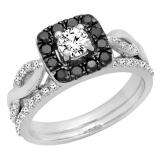1.00 Carat (ctw) 10K White Gold Round Cut Black & White Diamond Ladies Swirl Split Shank Halo Bridal Engagement Ring With Matching Band Set 1 CT
