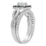 1.00 Carat (ctw) 10K White Gold Round Cut Black & White Diamond Ladies Swirl Split Shank Halo Bridal Engagement Ring With Matching Band Set 1 CT