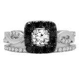 1.00 Carat (ctw) 10K White Gold Round Cut Black & White Diamond Ladies Swirl Split Shank Halo Bridal Engagement Ring With Matching Band Set 1 CT