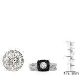 1.00 Carat (ctw) 10K White Gold Round Cut Black & White Diamond Ladies Swirl Split Shank Halo Bridal Engagement Ring With Matching Band Set 1 CT