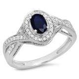 0.75 Carat (ctw) 10K White Gold Oval & Round Cut Blue Sapphire & White Diamond Ladies Swirl Split Shank Bridal Halo Engagement Ring 3/4 CT