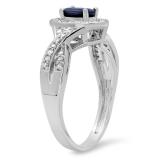 0.75 Carat (ctw) 10K White Gold Oval & Round Cut Blue Sapphire & White Diamond Ladies Swirl Split Shank Bridal Halo Engagement Ring 3/4 CT