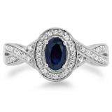 0.75 Carat (ctw) 10K White Gold Oval & Round Cut Blue Sapphire & White Diamond Ladies Swirl Split Shank Bridal Halo Engagement Ring 3/4 CT