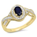 0.75 Carat (ctw) 14K Yellow Gold Oval & Round Cut Blue Sapphire & White Diamond Ladies Swirl Split Shank Bridal Halo Engagement Ring 3/4 CT
