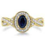 0.75 Carat (ctw) 14K Yellow Gold Oval & Round Cut Blue Sapphire & White Diamond Ladies Swirl Split Shank Bridal Halo Engagement Ring 3/4 CT