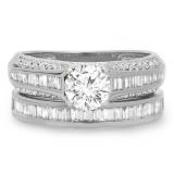 1.25 Carat (ctw) 14K White Gold Round & Baguette Cut Diamond Ladies Vintage Bridal Engagement Ring Set 1 1/4 CT