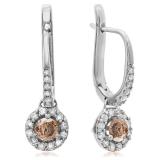 0.43 Carat (ctw) 10K White Gold Round Champagne & White Diamond Ladies Halo Style Dangling Drop Earrings