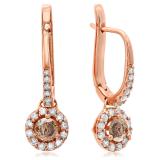 0.43 Carat (ctw) 14K Rose Gold Round Champagne & White Diamond Ladies Halo Style Dangling Drop Earrings