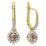 0.43 Carat (ctw) 14K Yellow Gold Round Champagne & White Diamond Ladies Halo Style Dangling Drop Earrings