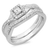 0.40 Carat (ctw) 10K White Gold Princess & Round White Diamond Ladies Bridal Halo Split Shank Engagement Ring Set