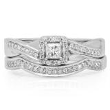 0.40 Carat (ctw) 14K White Gold Princess & Round White Diamond Ladies Bridal Halo Split Shank Engagement Ring Set