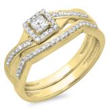 0.40 Carat (ctw) 14K Yellow Gold Princess & Round White Diamond Ladies Bridal Halo Split Shank Engagement Ring Set