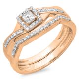 0.40 Carat (ctw) 18K Rose Gold Princess & Round White Diamond Ladies Bridal Halo Split Shank Engagement Ring Set