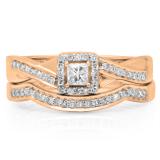0.40 Carat (ctw) 18K Rose Gold Princess & Round White Diamond Ladies Bridal Halo Split Shank Engagement Ring Set