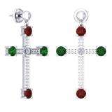 2.40 Carat (ctw) Sterling Silver Round Ruby Green Emerald & White Diamond Ladies Cross Dangling Earrings