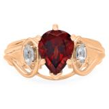 1.75 Carat (ctw) 10K Rose Gold Pear Cut Garnet & Marquise Cut White Topaz Ladies Bridal 3 Stone Engagement Ring 1 3/4 CT
