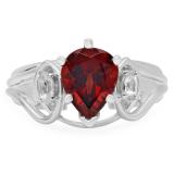 1.75 Carat (ctw) 10K White Gold Pear Cut Garnet & Marquise Cut White Topaz Ladies Bridal 3 Stone Engagement Ring 1 3/4 CT
