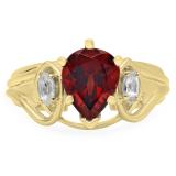 1.75 Carat (ctw) 10K Yellow Gold Pear Cut Garnet & Marquise Cut White Topaz Ladies Bridal 3 Stone Engagement Ring 1 3/4 CT