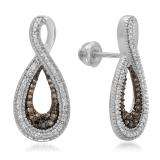 0.45 Carat (ctw) Sterling Silver Round Champagne & White Diamond Ladies Infinity Loop Drop Earrings 1/2 CT