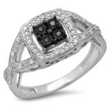 0.15 Carat (ctw) Sterling Silver Round Cut Blue & White Diamond Ladies Swirl Split Shank Bridal Promise Ring