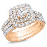 1.50 Carat (ctw) 10K Rose Gold Round White Diamond Ladies Halo Style Bridal Engagement Ring Matching Band Set 1 1/2 CT