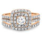 1.50 Carat (ctw) 10K Rose Gold Round White Diamond Ladies Halo Style Bridal Engagement Ring Matching Band Set 1 1/2 CT