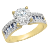 5.80 Carat (ctw) 10K Yellow Gold Round & baguette Blue Sapphire & White Cubic Zirconia CZ Classic Solitaire with Accents Bridal Engagement Ring