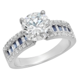 5.80 Carat (ctw) 18K White Gold Round & baguette Blue Sapphire & White Cubic Zirconia CZ Classic Solitaire with Accents Bridal Engagement Ring
