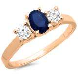 1.10 Carat (ctw) 10K Rose Gold Oval Cut Blue Sapphire & Round Cut White Diamond Ladies Bridal 3 Stone Engagement Ring 1 CT