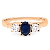 1.10 Carat (ctw) 10K Rose Gold Oval Cut Blue Sapphire & Round Cut White Diamond Ladies Bridal 3 Stone Engagement Ring 1 CT