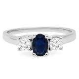 1.10 Carat (ctw) 10K White Gold Oval Cut Blue Sapphire & Round Cut White Diamond Ladies Bridal 3 Stone Engagement Ring 1 CT