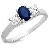 1.10 Carat (ctw) 14K White Gold Oval Cut Blue Sapphire & Round Cut White Diamond Ladies Bridal 3 Stone Engagement Ring 1 CT