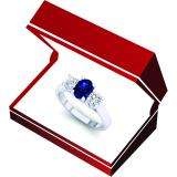 1.10 Carat (ctw) 14K White Gold Oval Cut Blue Sapphire & Round Cut White Diamond Ladies Bridal 3 Stone Engagement Ring 1 CT