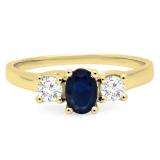 1.10 Carat (ctw) 18K Yellow Gold Oval Cut Blue Sapphire & Round Cut White Diamond Ladies Bridal 3 Stone Engagement Ring 1 CT