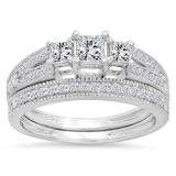 1.00 Carat (ctw) 14K White Gold Princess & Round Cut 3 Stone Diamond Ladies Engagement Bridal Ring Set Matching Band 1 CT