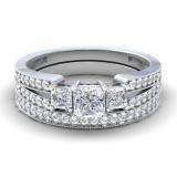 1.00 Carat (ctw) 14K White Gold Princess & Round Cut 3 Stone Diamond Ladies Engagement Bridal Ring Set Matching Band 1 CT