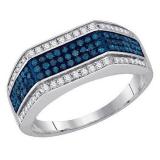 0.80 Carat (ctw) 10K White Gold Round White And Blue Diamond Men's Micro Pave Right Hand Fashion Ring 3/4 CT