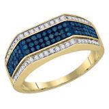 0.80 Carat (ctw) 10K Yellow Gold Round White And Blue Diamond Men's Micro Pave Right Hand Fashion Ring 3/4 CT
