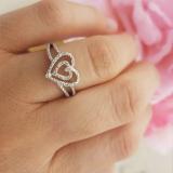 0.10 Carat (ctw) Sterling Silver Round White Diamond Ladies Promise Double Heart Love Split Shank Engagement Ring 1/10 CT