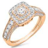 0.90 Carat (ctw) 10K Rose Gold Round Cut White Diamond Ladies Bridal Vintage Halo Style Engagement Ring