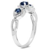 0.85 Carat (ctw) 10K White Gold Round Blue Sapphire & White Diamond Ladies Bridal Split Shank Vintage 3 Stone Engagement Ring